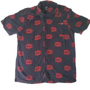 Vans Button Up Shirt Medium Black Red Rose Floral Pattern Short Sleeve Casual